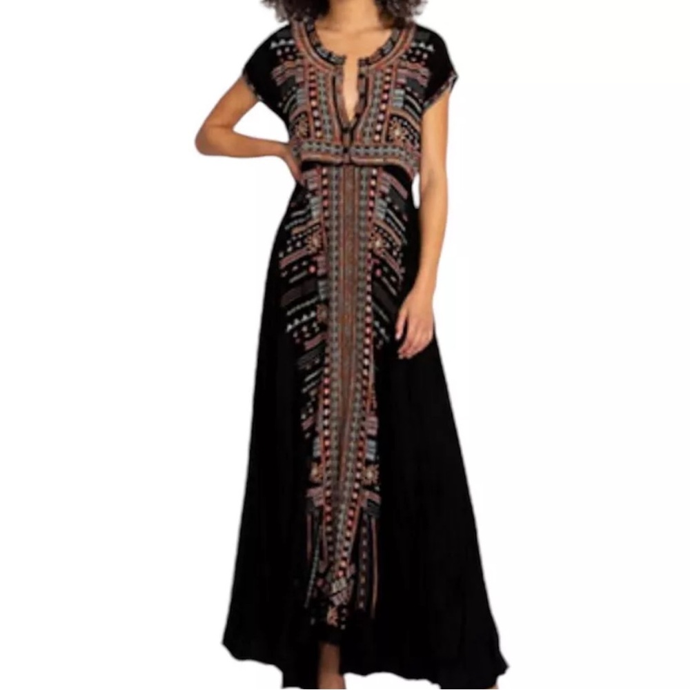 Johnny Was Black Maxi Dress with Multicolor Embroidery